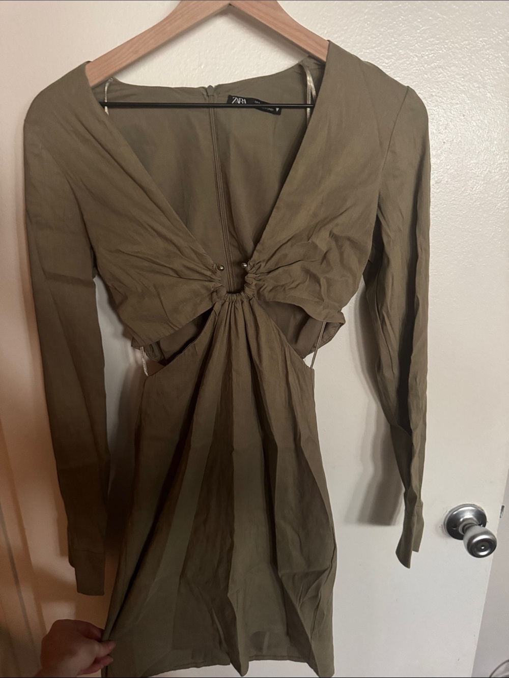 Zara Olive Green Long Sleeve Cutout Dress